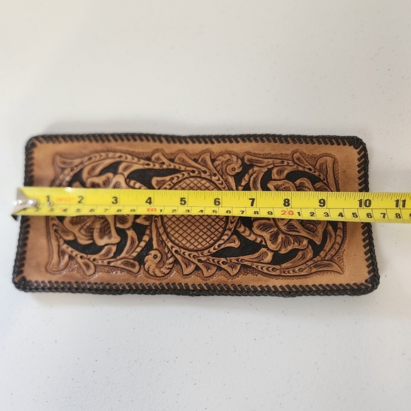 Vintage Tooled Brown Leather Wallet Mens Handmade 1970s Western Boho Cowboy 70s - Picture 8 of 9